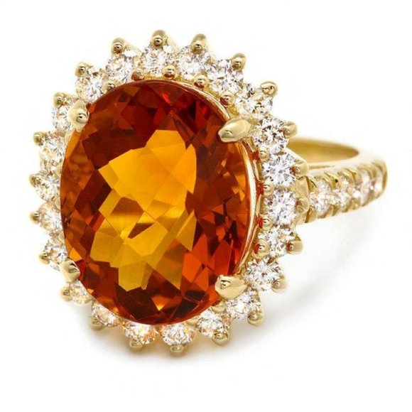 9.00Ct Natural Citrine & Diamond 14KY Gold Ring